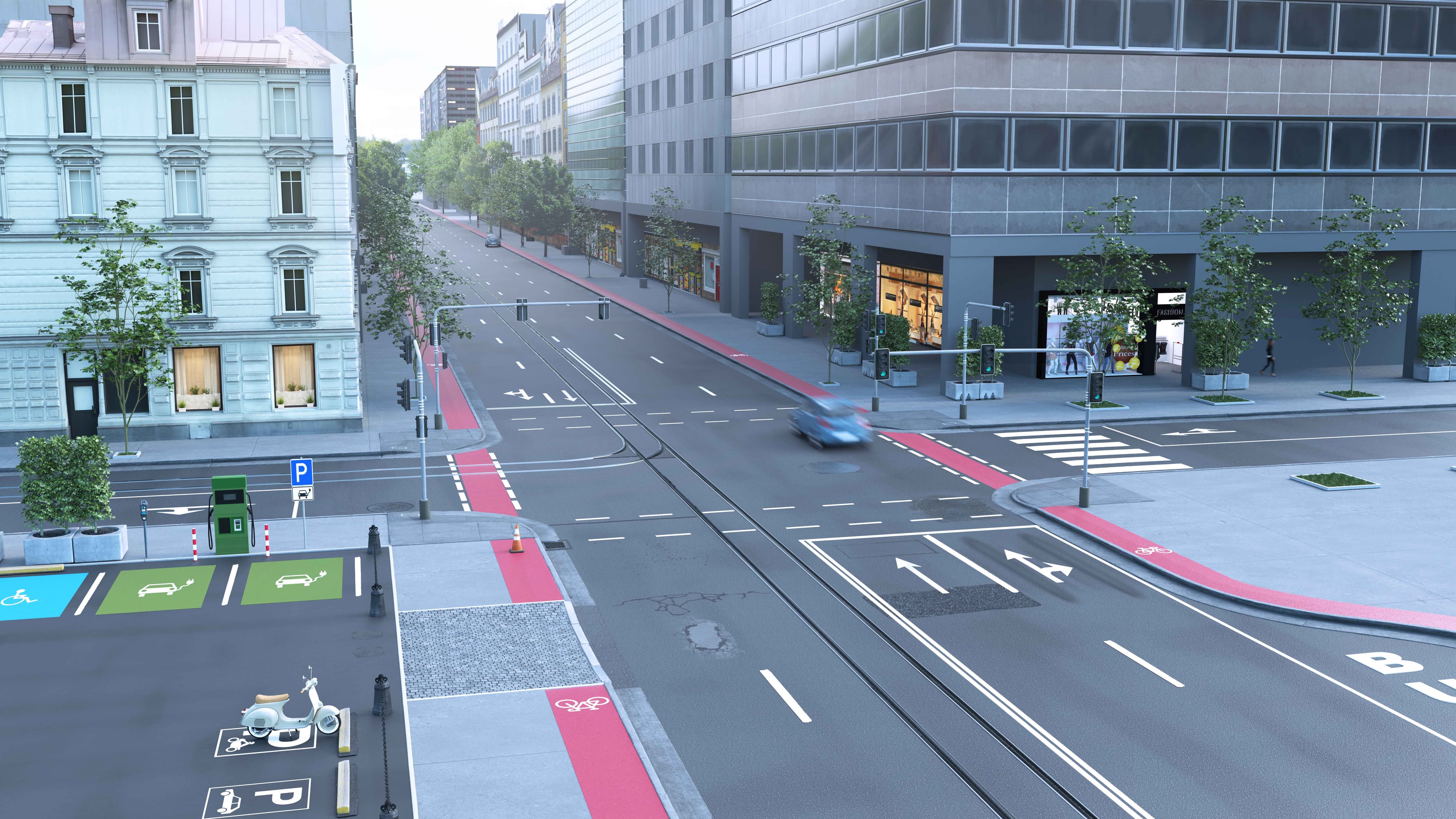 Verkehrsfläche in urbanem Umfeld mit markierten Fahrspuren und Beschichtungssystem