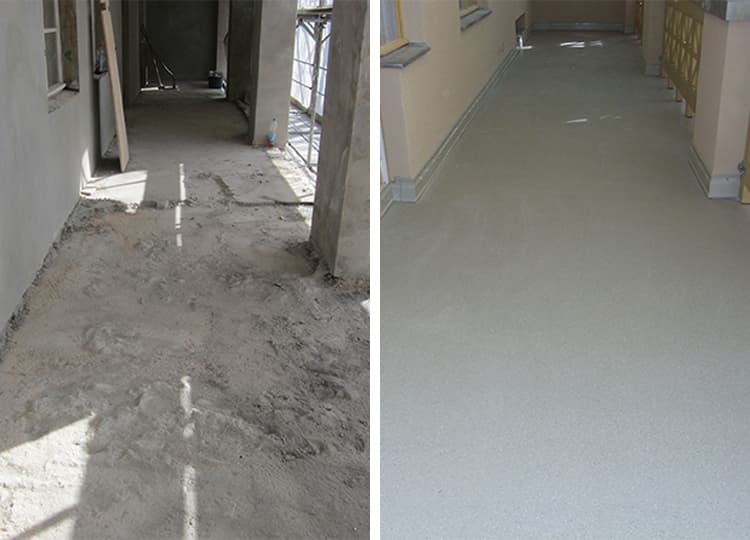 Before-and-after comparison of a balcony or pergola floor with a coating
