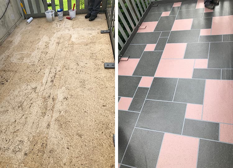 Before-and-after comparison of a balcony floor with a wooden subfloor and a finished coating