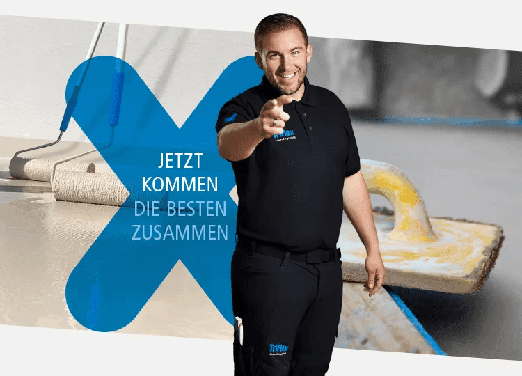 Person im Baustellenumfeld vor Triflex CeFix Screed 631 Kampagnenmotiv