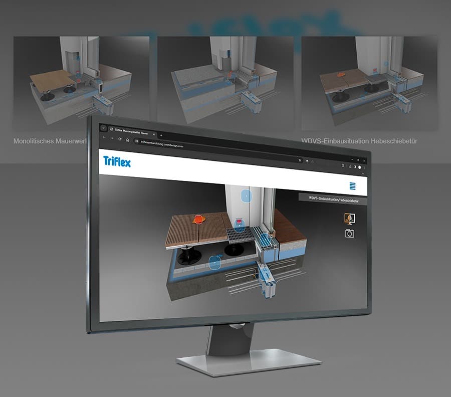 3D detailed view of a structural connection displayed on a monitor using the Triflex website interface for the digital planning and visualization of waterproofing solutions.