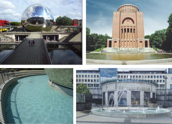 Fontanny i baseny wodne w przestrzeni publicznej z basenami stale wypełnionymi wodą oraz architektonicznymi elementami wodnymi