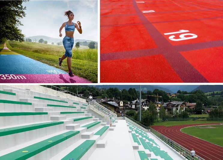 Farbige Sportflächen für Laufbahnen, Spielfelder und Tribünen