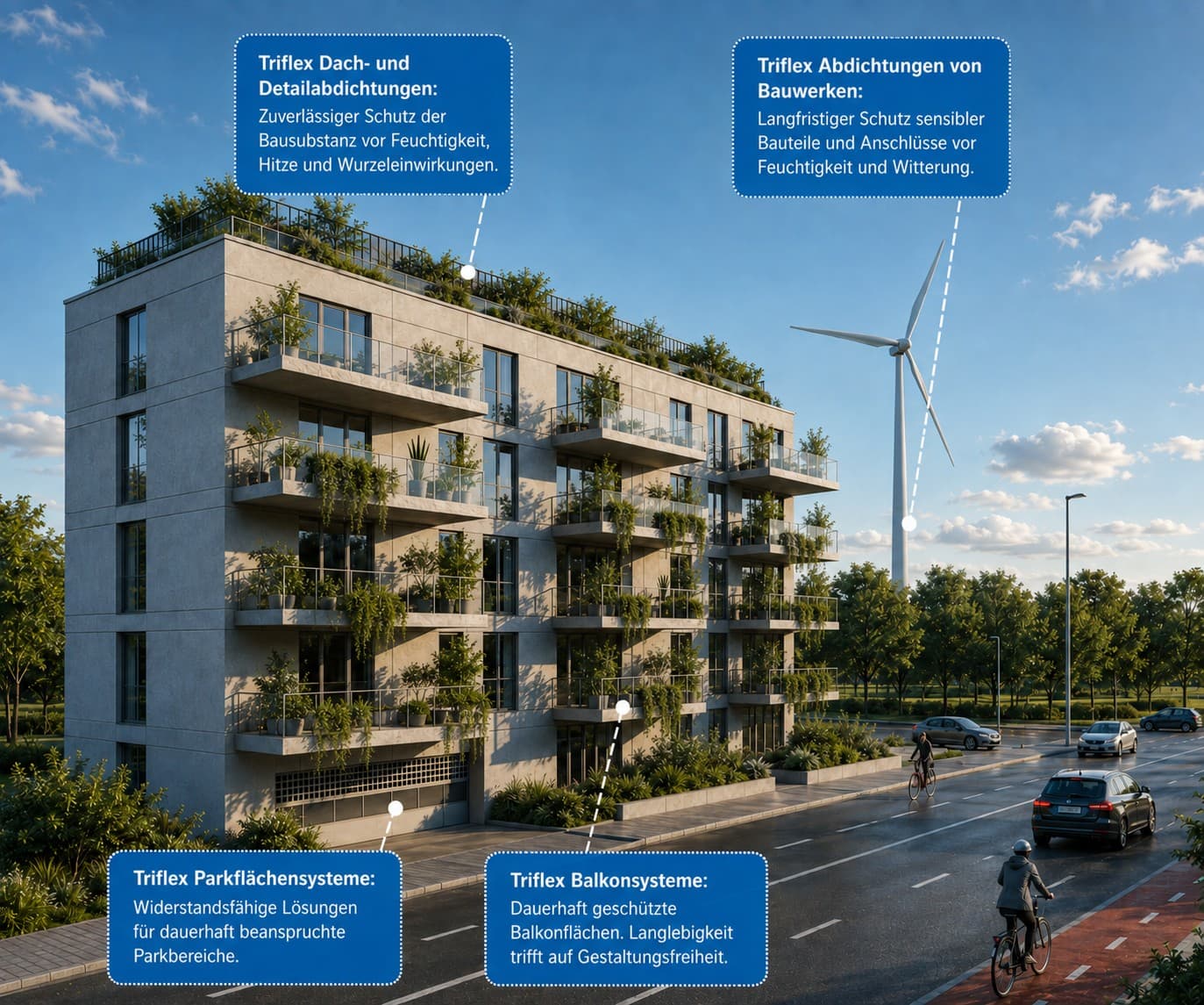 Grafik mit Triflex Systembereichen für klimaresiliente Gebäude und Infrastruktur