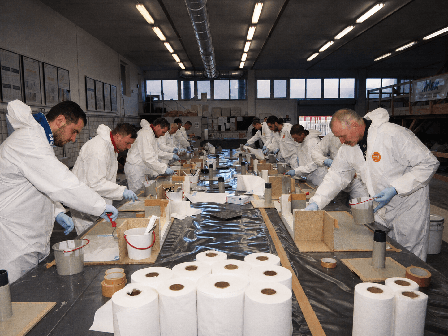 Teilnehmer arbeiten im Praxisseminar gemeinsam an mehreren Modellen und üben praktische Verarbeitungsschritte mit Triflex Materialien.