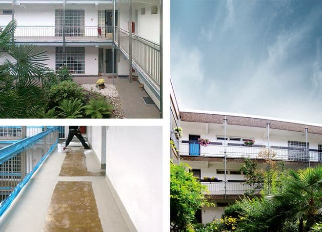 Abdichtung von Balkon- und Laubengangflächen mit Triflex Flüssigkunststoff zum Schutz vor Feuchtigkeit und erhöhten Brandschutzanforderungen