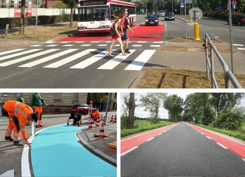 Farbige Markierungen zur Verkehrsführung und Erhöhung der Sicherheit im Straßenraum