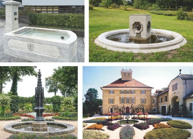 Water features, ornamental fountains and architectural water elements in parks and public spaces