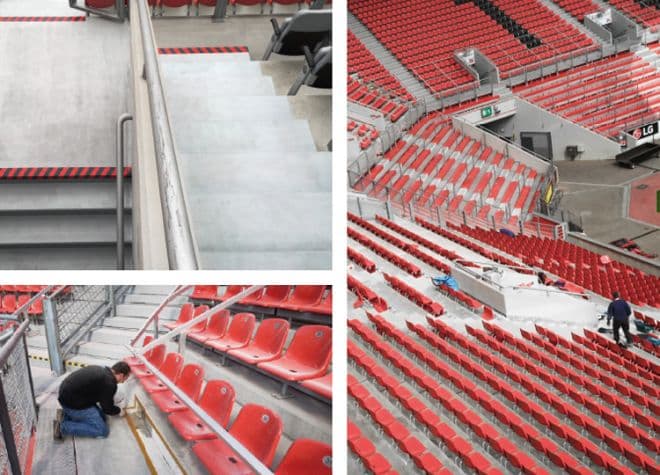 Abdichtungsarbeiten an Tribünen und Dachflächen eines Stadions
