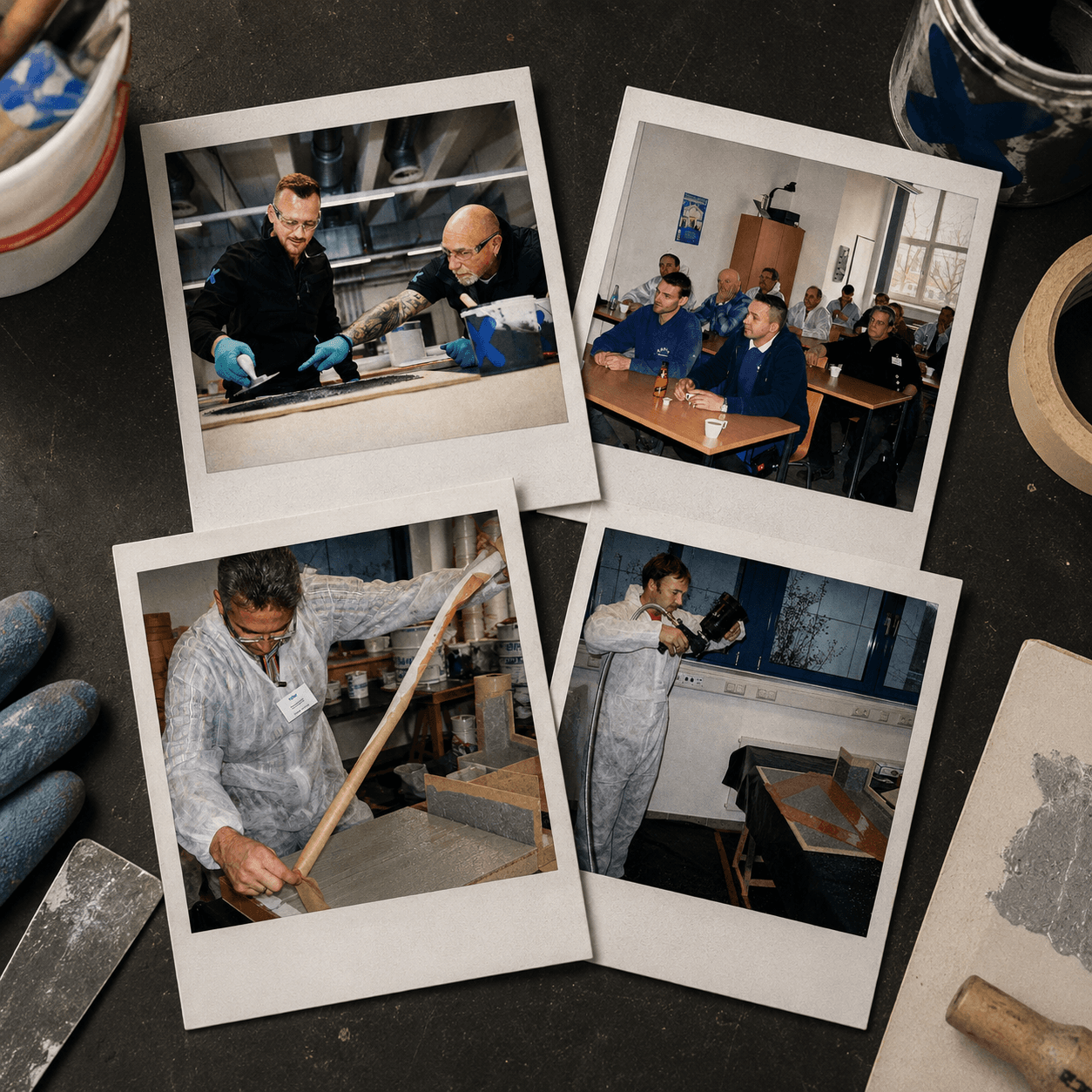 Polaroid-Bilder aus verschiedenen Triflex Praxisseminaren liegen auf einem Seminartisch und zeigen Anwendung, Austausch und praktische Arbeit am Modell.