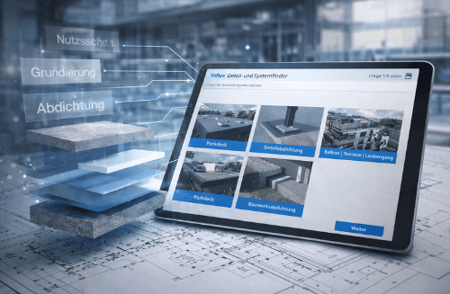 Tablet mit Triflex Detail- und Systemfinder zur Auswahl von Abdichtungslösungen