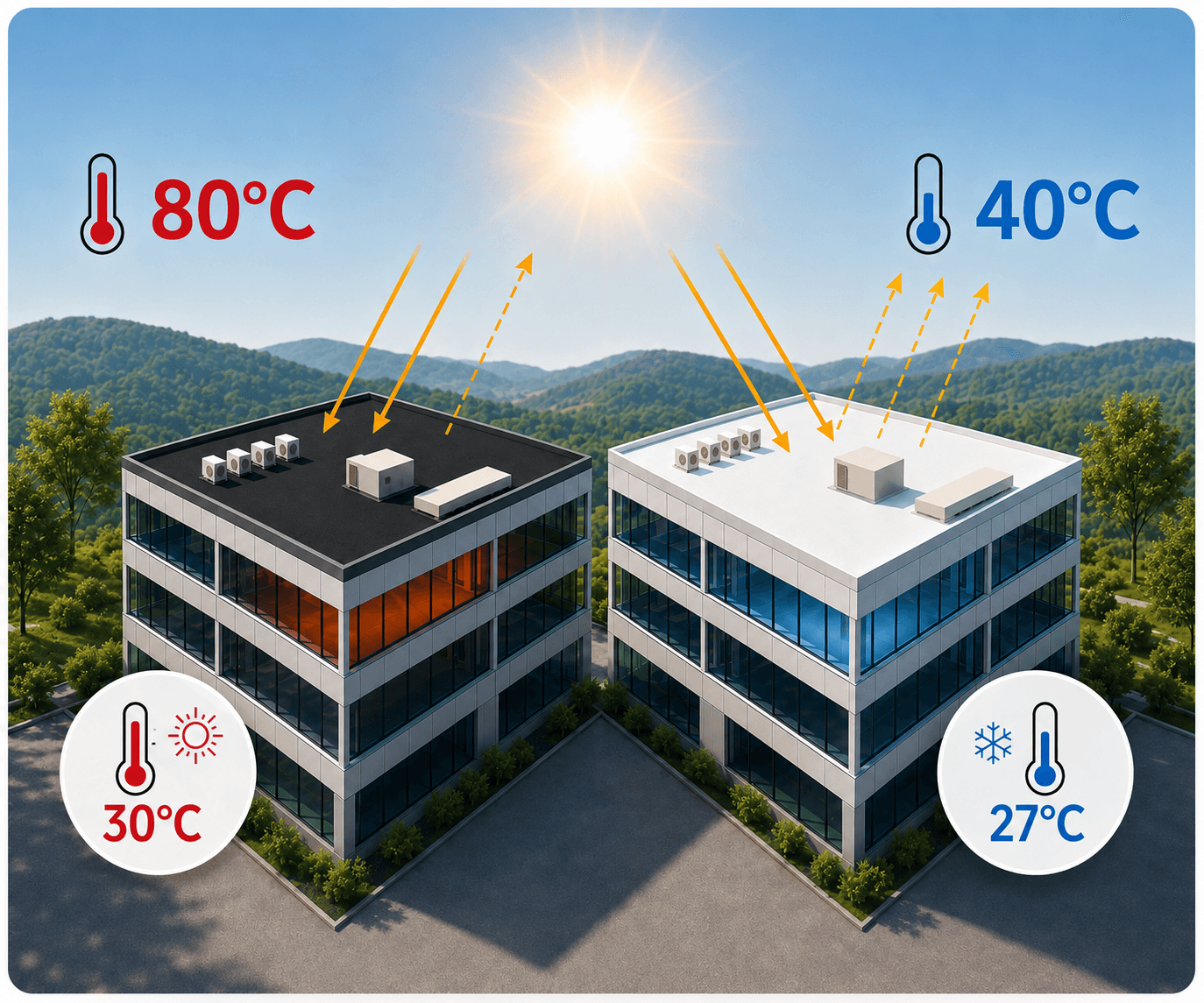 Temperaturvergleich: dunkles und weißes Flachdach