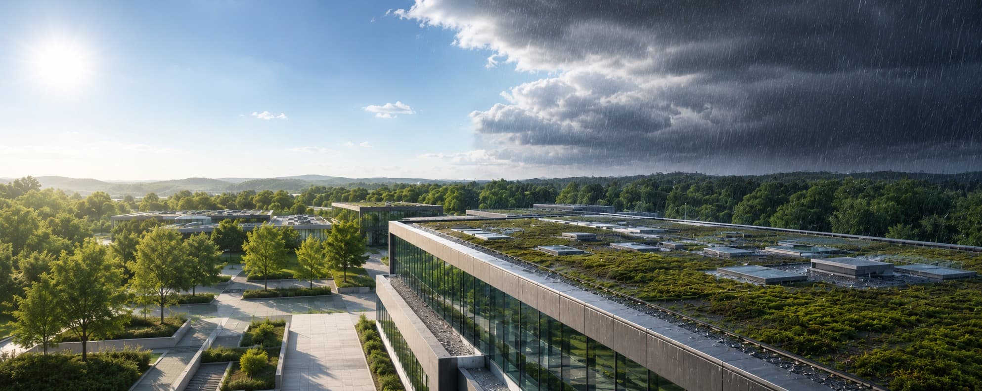 Modernes Gebäude mit Gründach und Verkehrsfläche unter Sonne und Starkregen