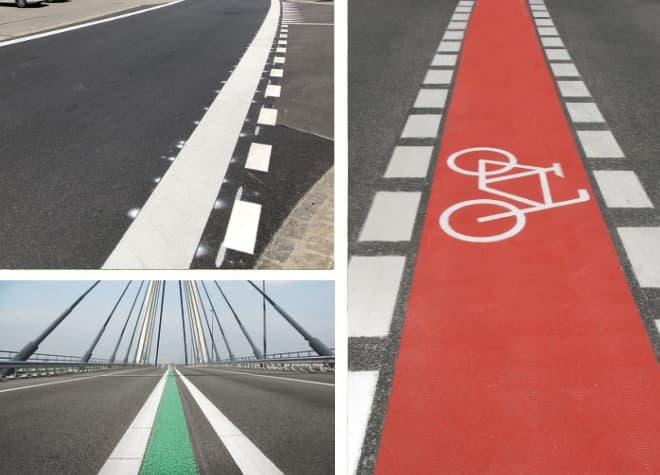 Road markings for roadways and bike paths with permanent lines