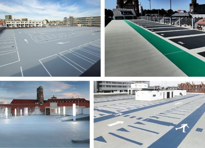 Top deck of a parking garage with Triflex waterproofing and coating for long-lasting protection of the parking area