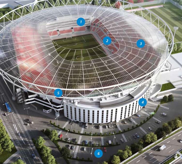 Stadion mit markierten Einsatzbereichen für Abdichtung, Beschichtung und Verkehrsflächenlösungen
