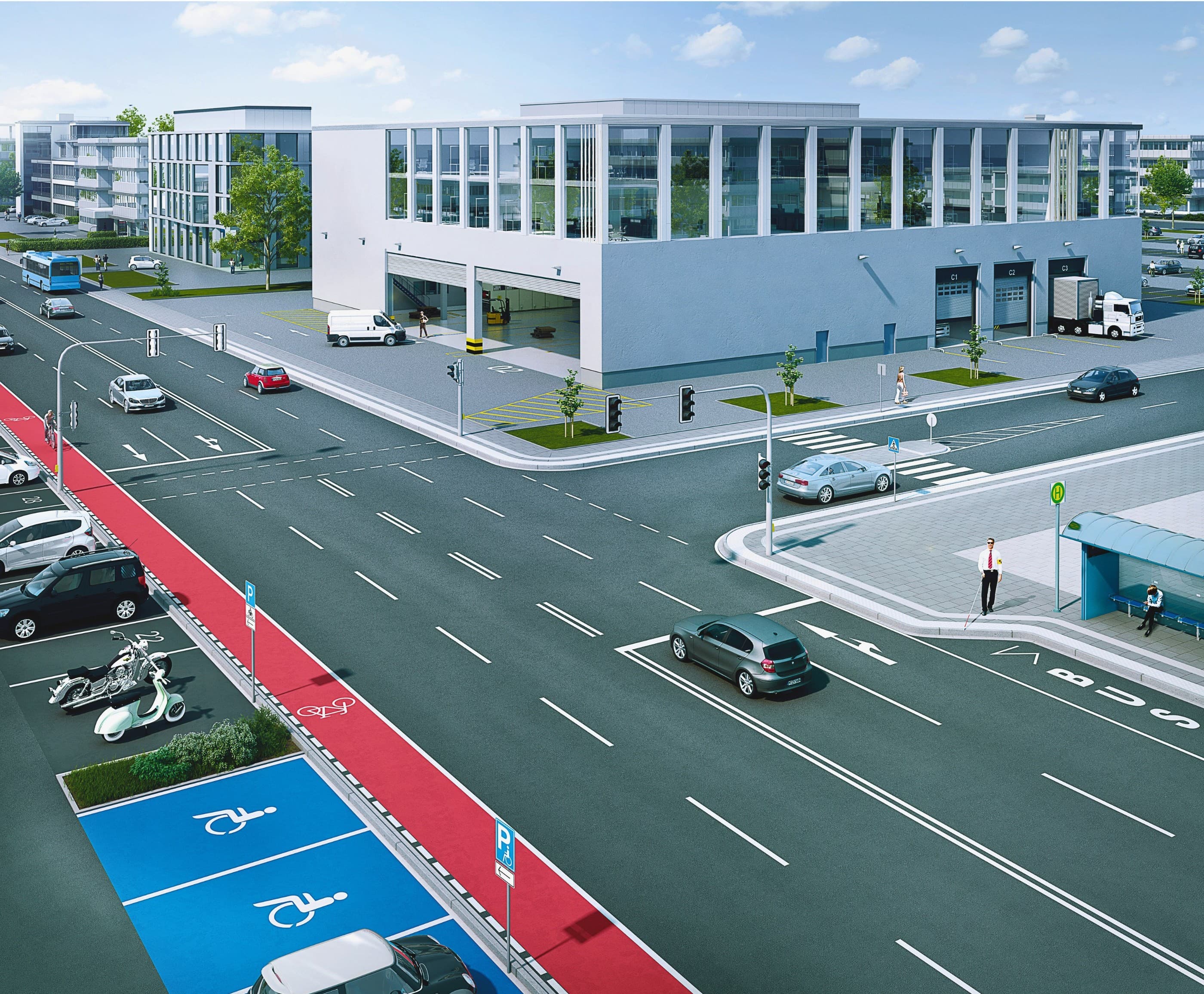 Verkehrsfläche mit professionell ausgeführten Straßenmarkierungen für Fahrbahnführung, Radwege und Stellplätze.