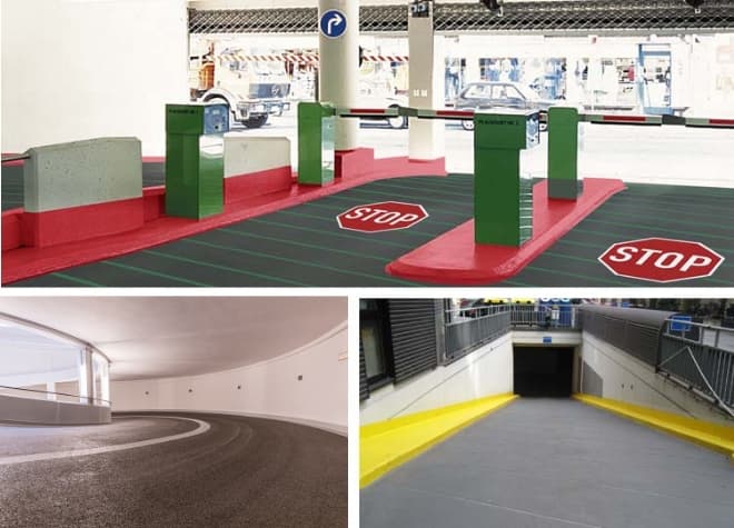 Rampe eines Parkhauses mit rutschhemmender Triflex Beschichtung für sichere Fahrzeugzufahrt