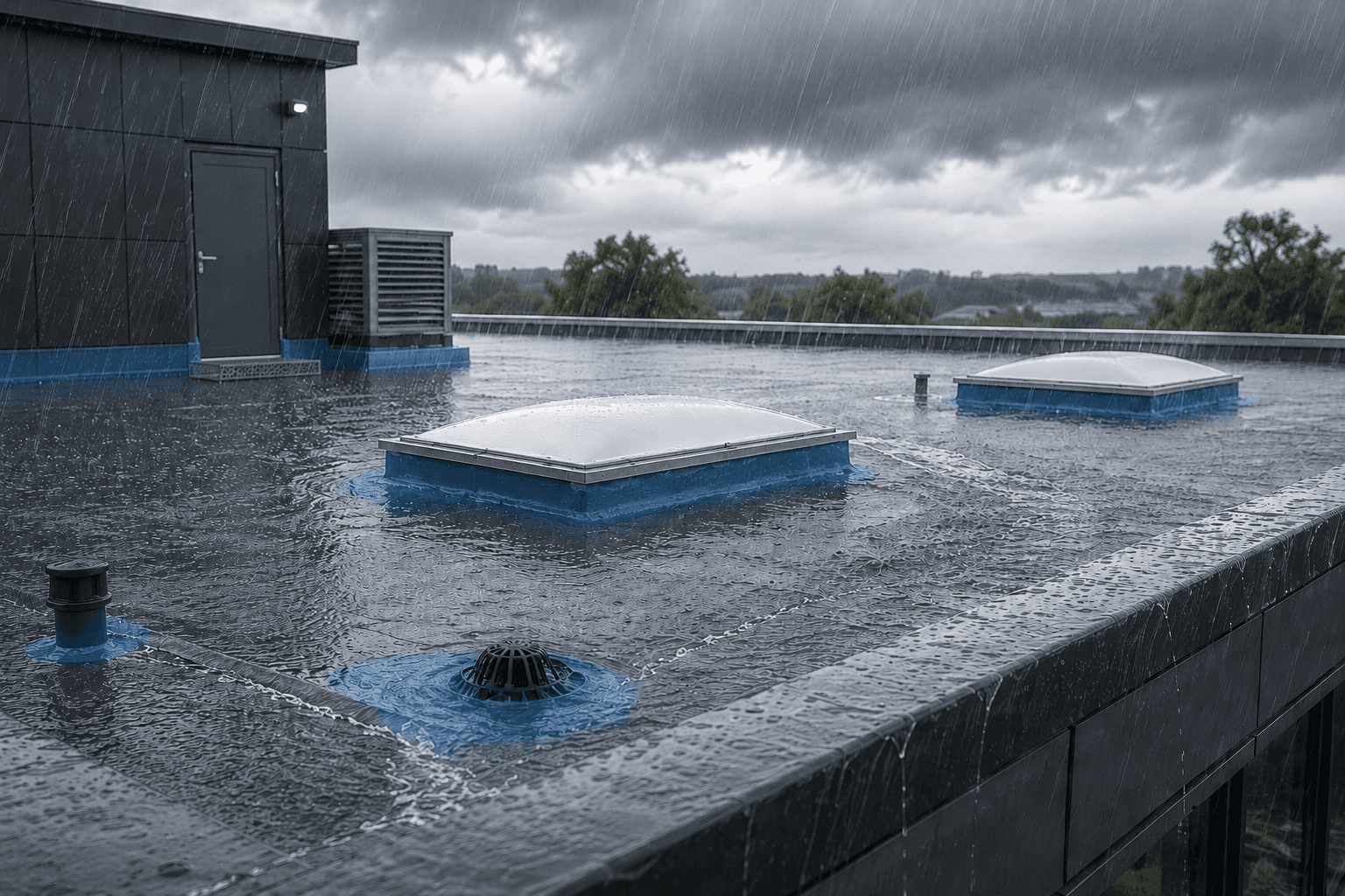 Flachdach bei starkem Regen mit Wasserbelastung und Lichtkuppeln