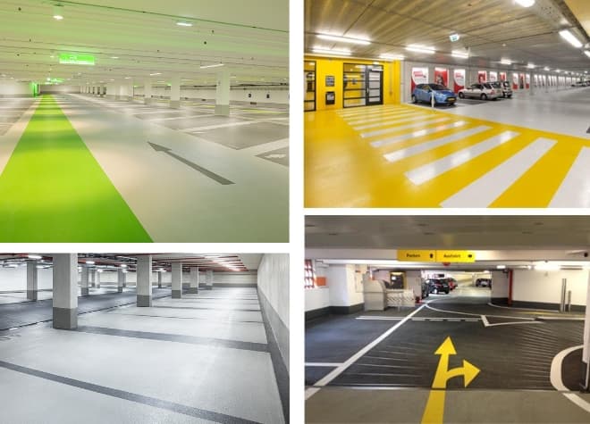 The mezzanine level of a multi-storey car park with a Triflex coating system and road markings