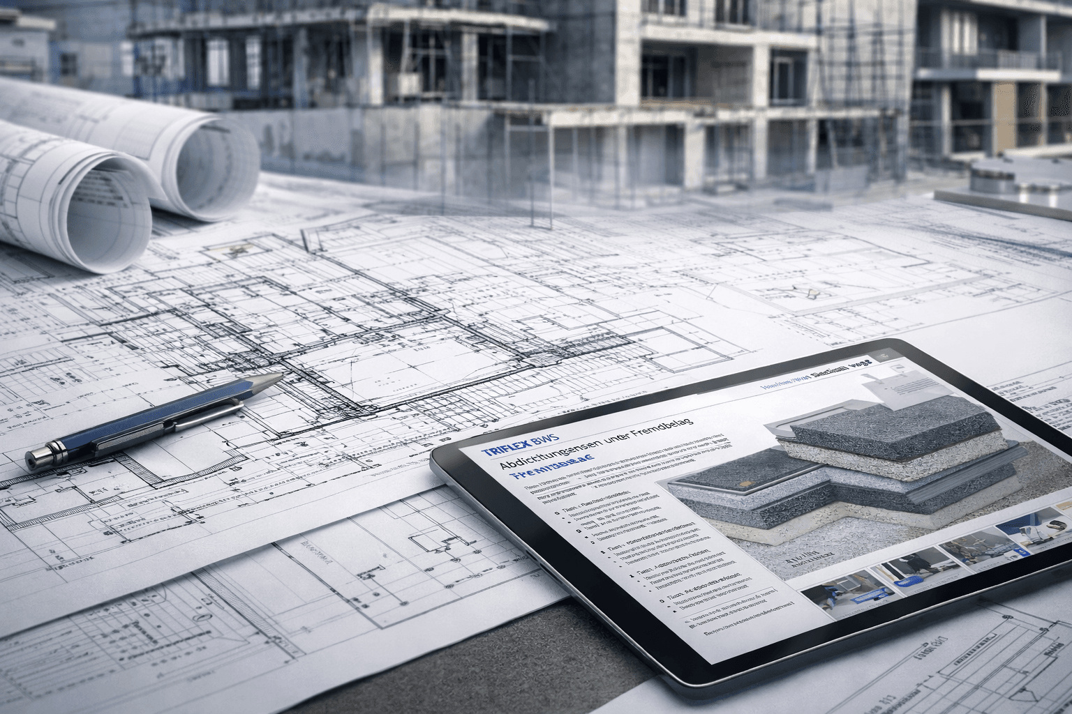 Technische Planungsunterlagen mit Bauzeichnungen und Tablet zur Darstellung eines Abdichtungssystems