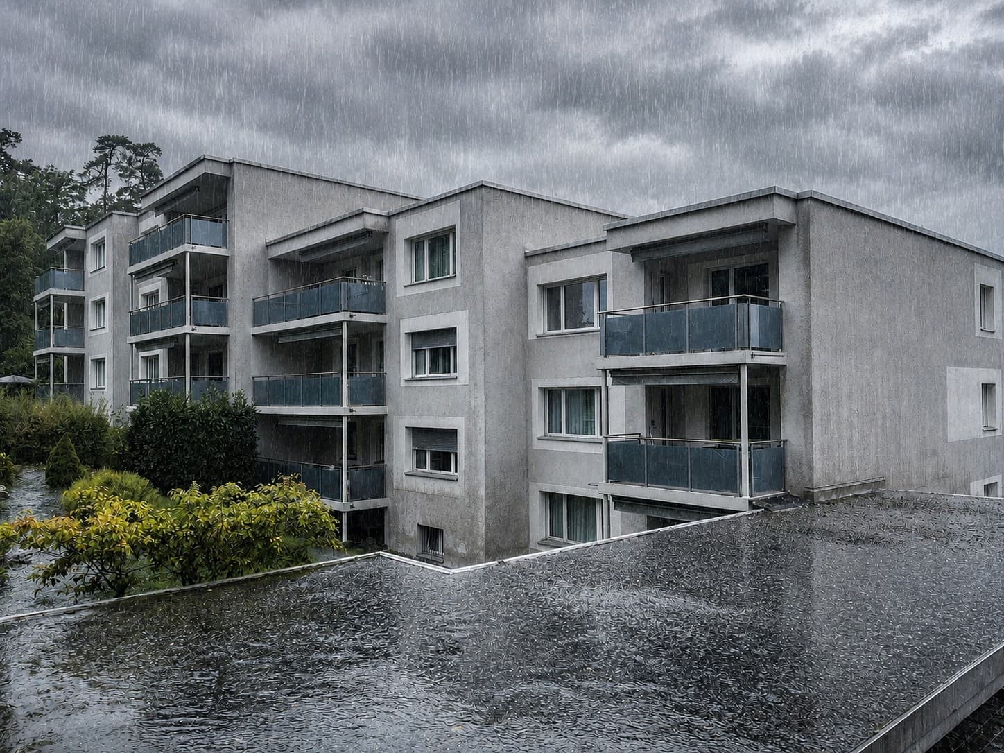 Wohngebäude bei starkem Regen mit nassen Dachflächen im Vordergrund