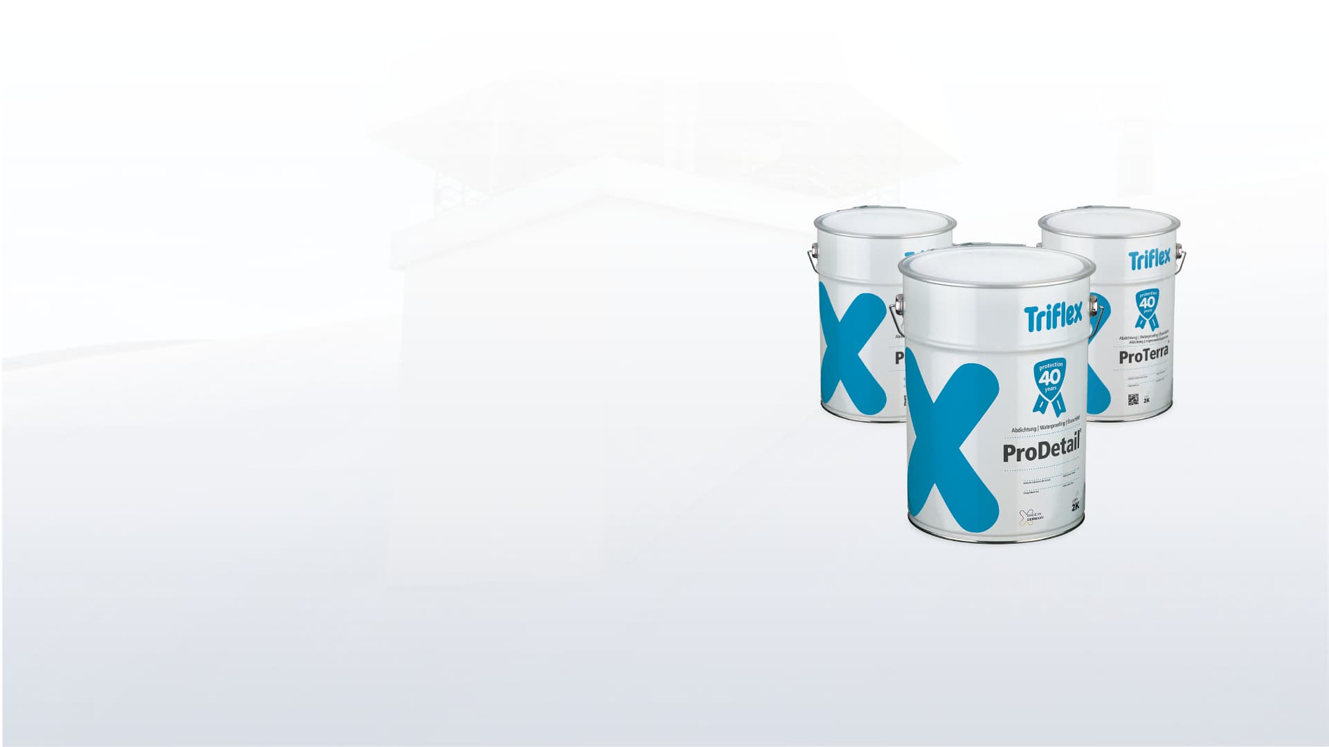 Three Triflex product containers with the slogan "Will still work in 40 years"