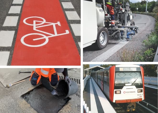 Straßenmarkierungen im kommunalen Einsatz mit Markierungsfahrzeug, Radweg und farbigen Verkehrsflächen