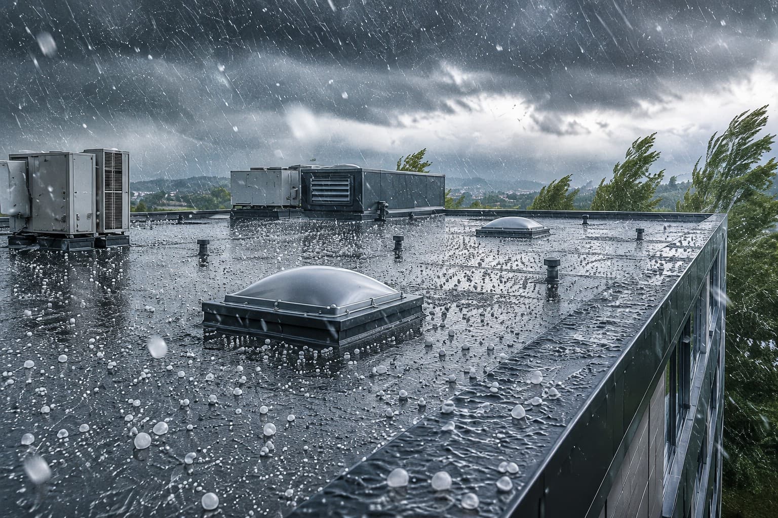 Flachdach bei starkem Regen und Hagel während eines Unwetters