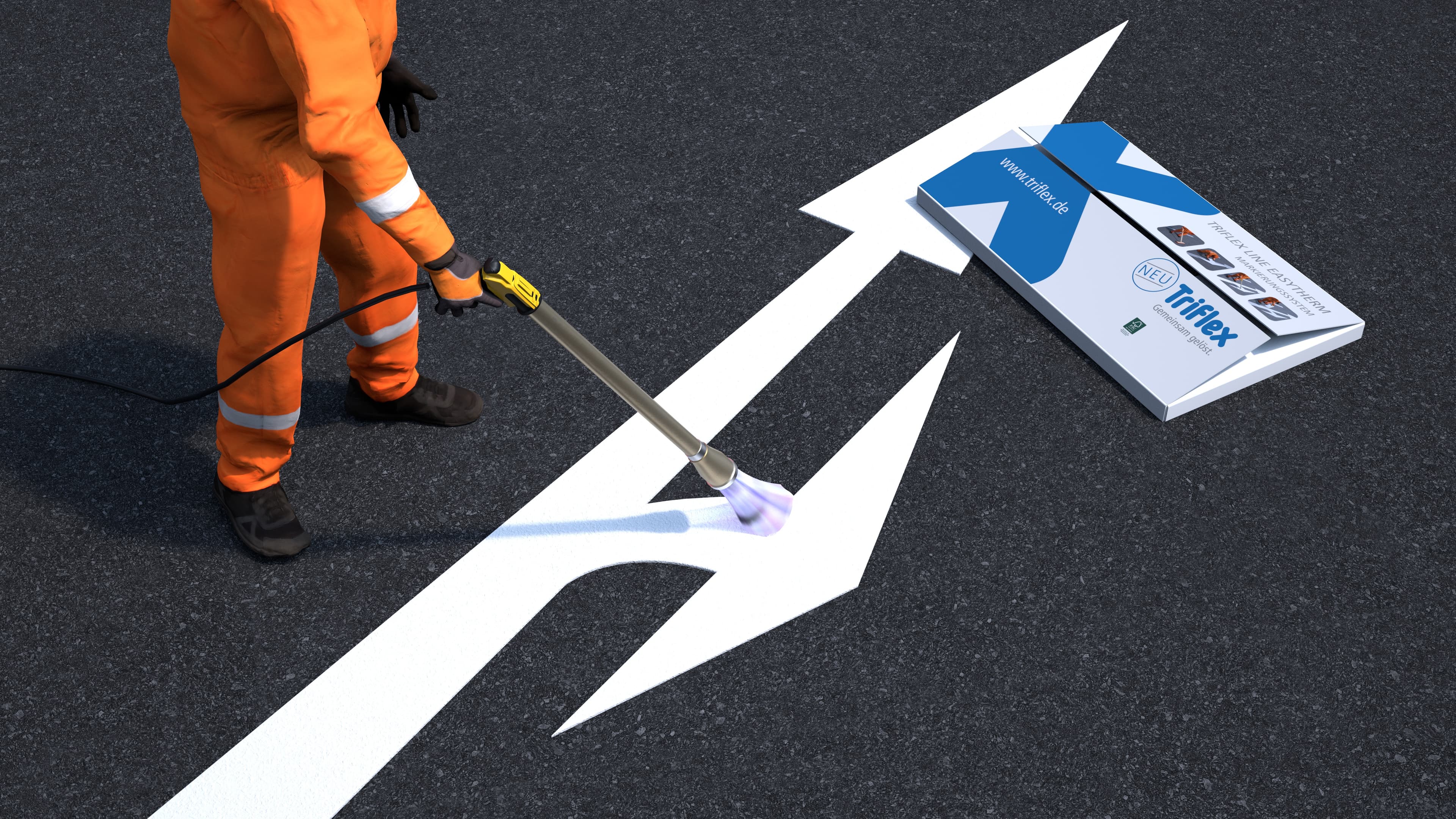 Verschmelzung einer vorgefertigten Thermoplastik‑Fahrbahnmarkierung mit Gasbrenner auf Asphalt – langlebige Straßenmarkierung für Verkehrsflächen
