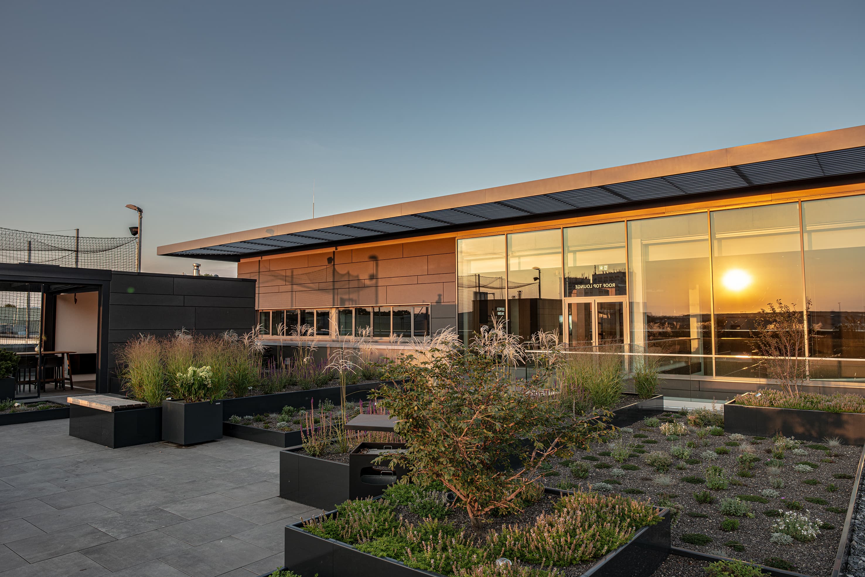 A modern rooftop terrace with planters and seating areas in front of a glass-walled office building at sunset.