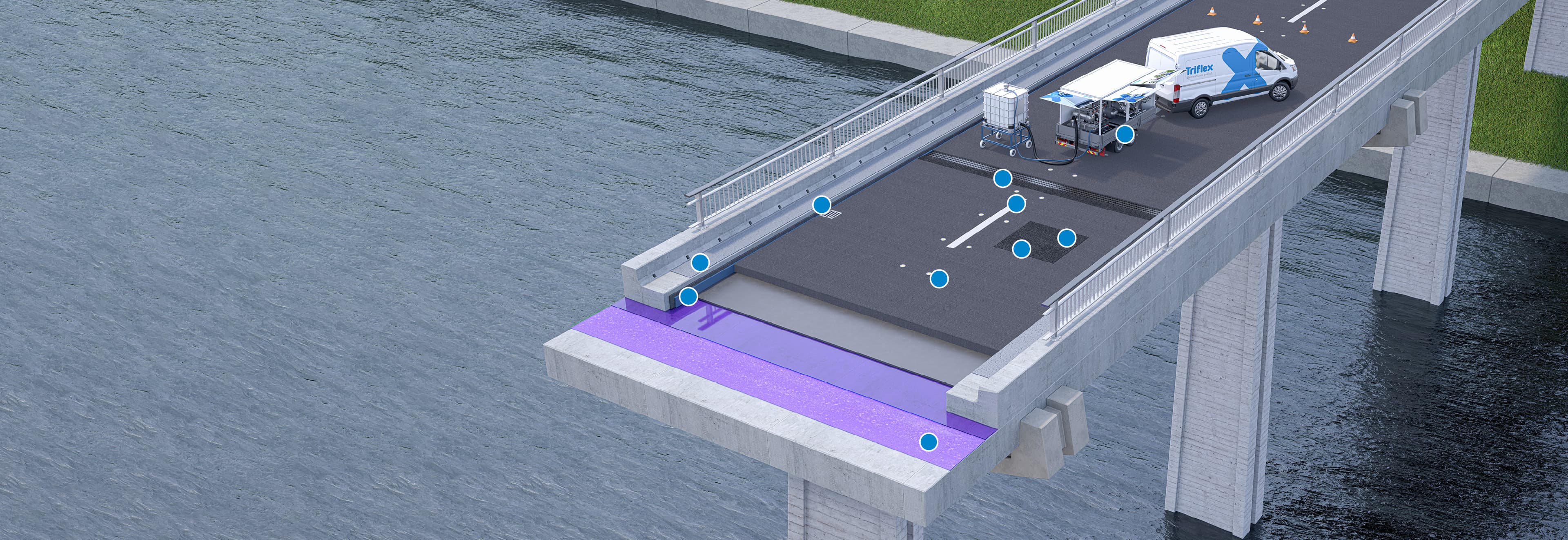 Brückenabdichtung mit dem Triflex BridgeDeck System: Regelkonforme, sichere und langlebige Lösung für die Brückensanierung – schnell härtend, haftstark und ideal für hoch belastete Verkehrsflächen.