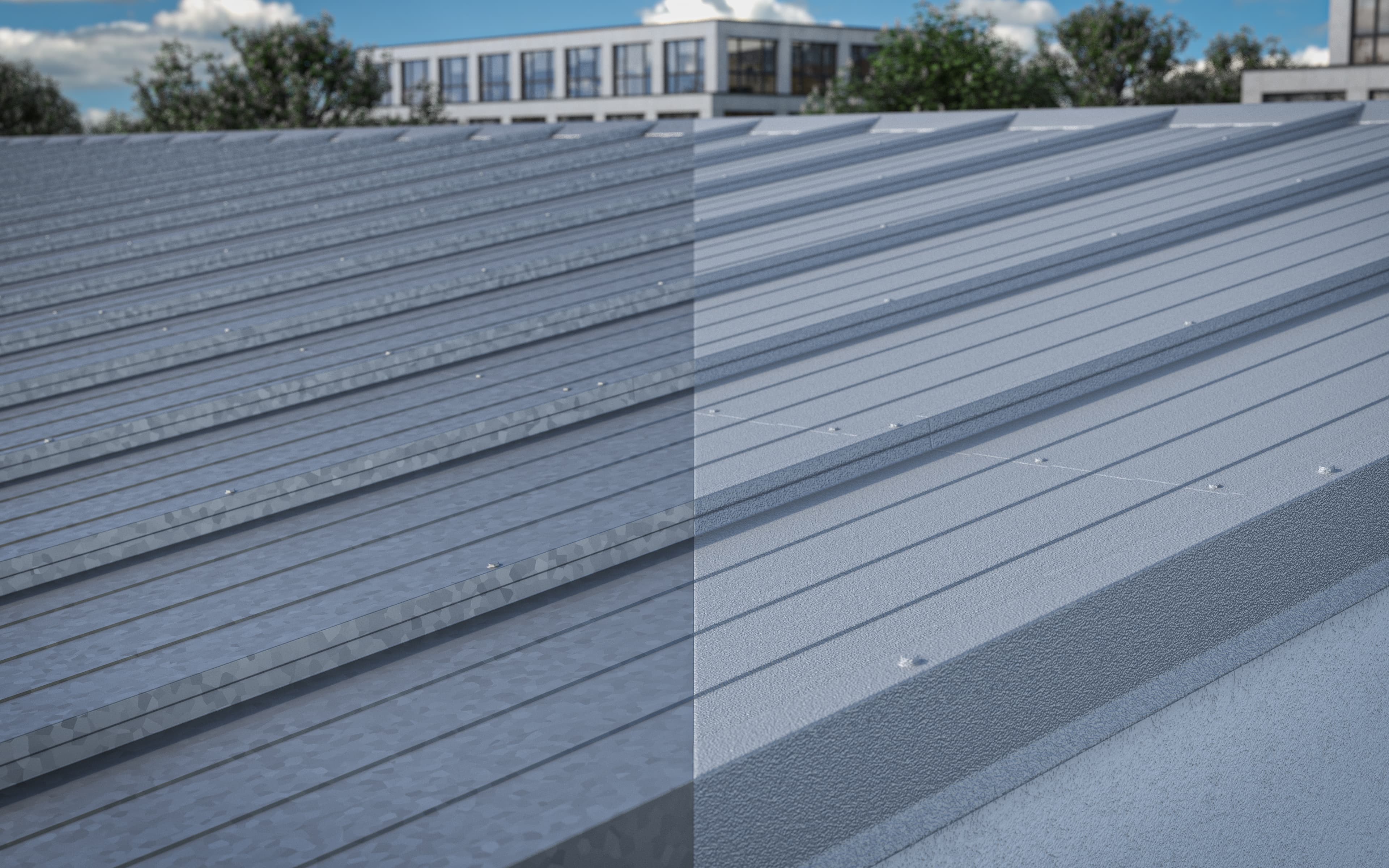 A flat metal roof with partially replaced waterproofing on an industrial or warehouse roof.