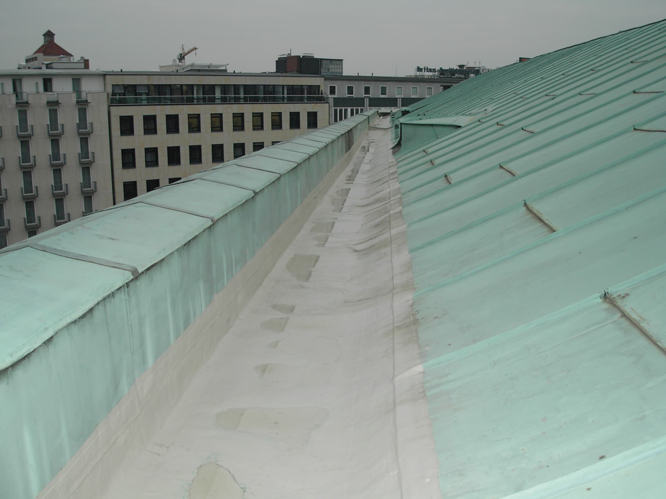 Blick über ein begrüntes Kupferdach mit Wartungsgang, umliegende Stadtgebäude im Hintergrund.