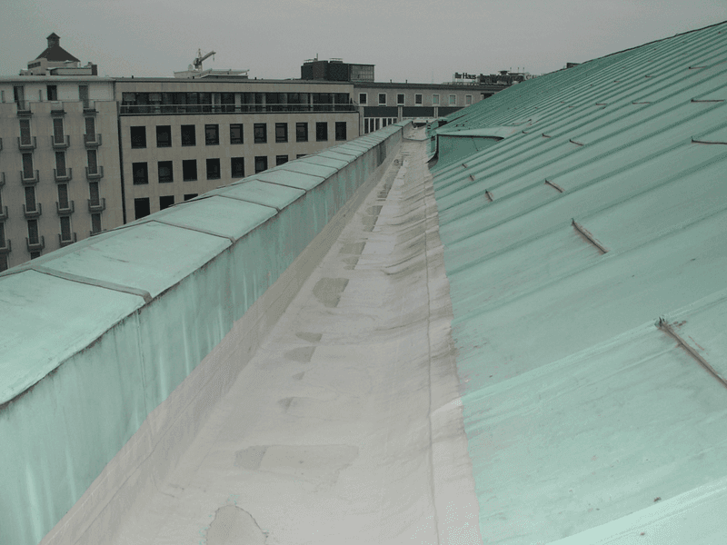 Blick über ein begrüntes Kupferdach mit Wartungsgang, umliegende Stadtgebäude im Hintergrund.