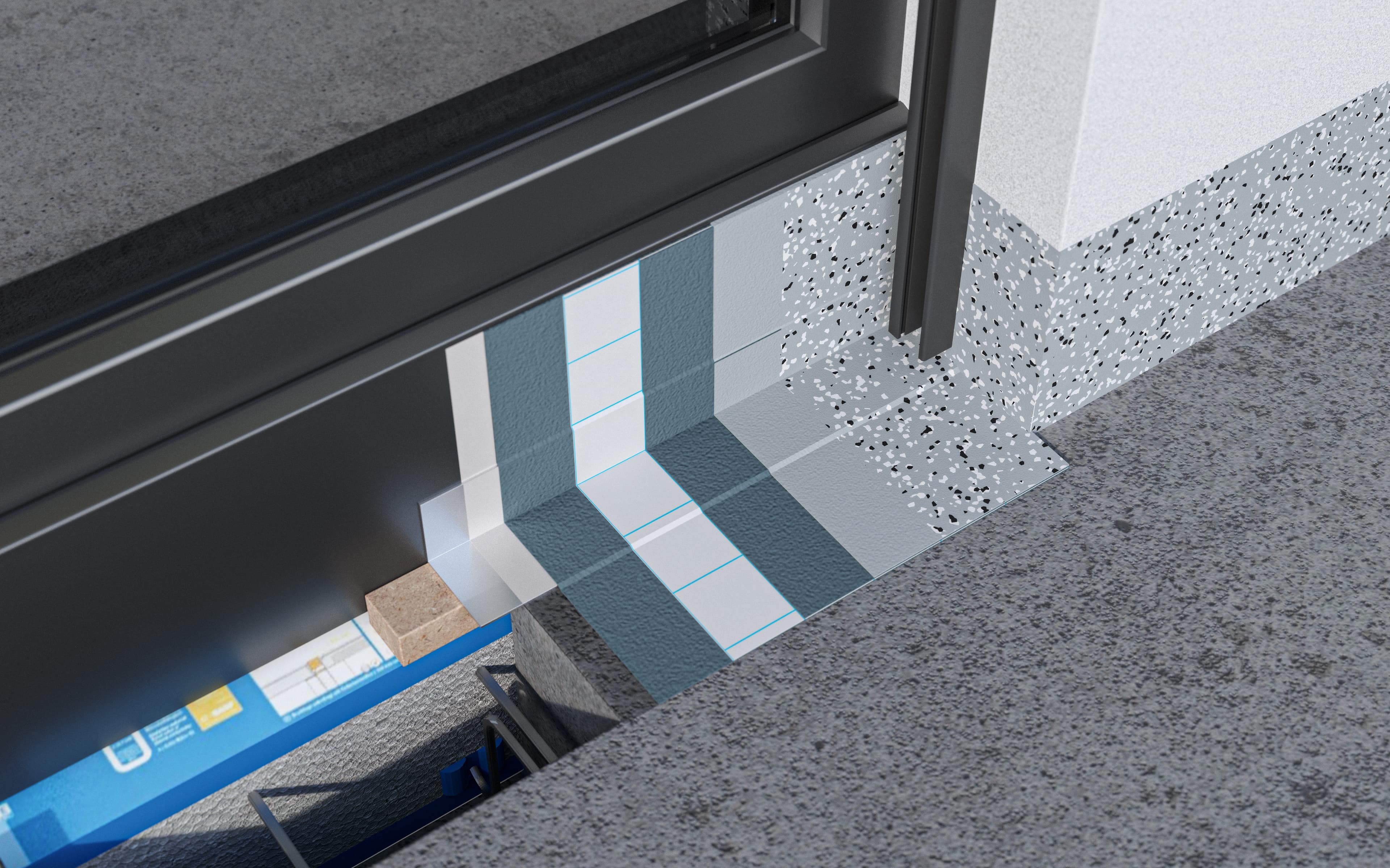 Systemaufbau bodentiefes Fenster Abdichtung mit SCHOECK ISOKORB CXT Typ K und Triflex ProDetail