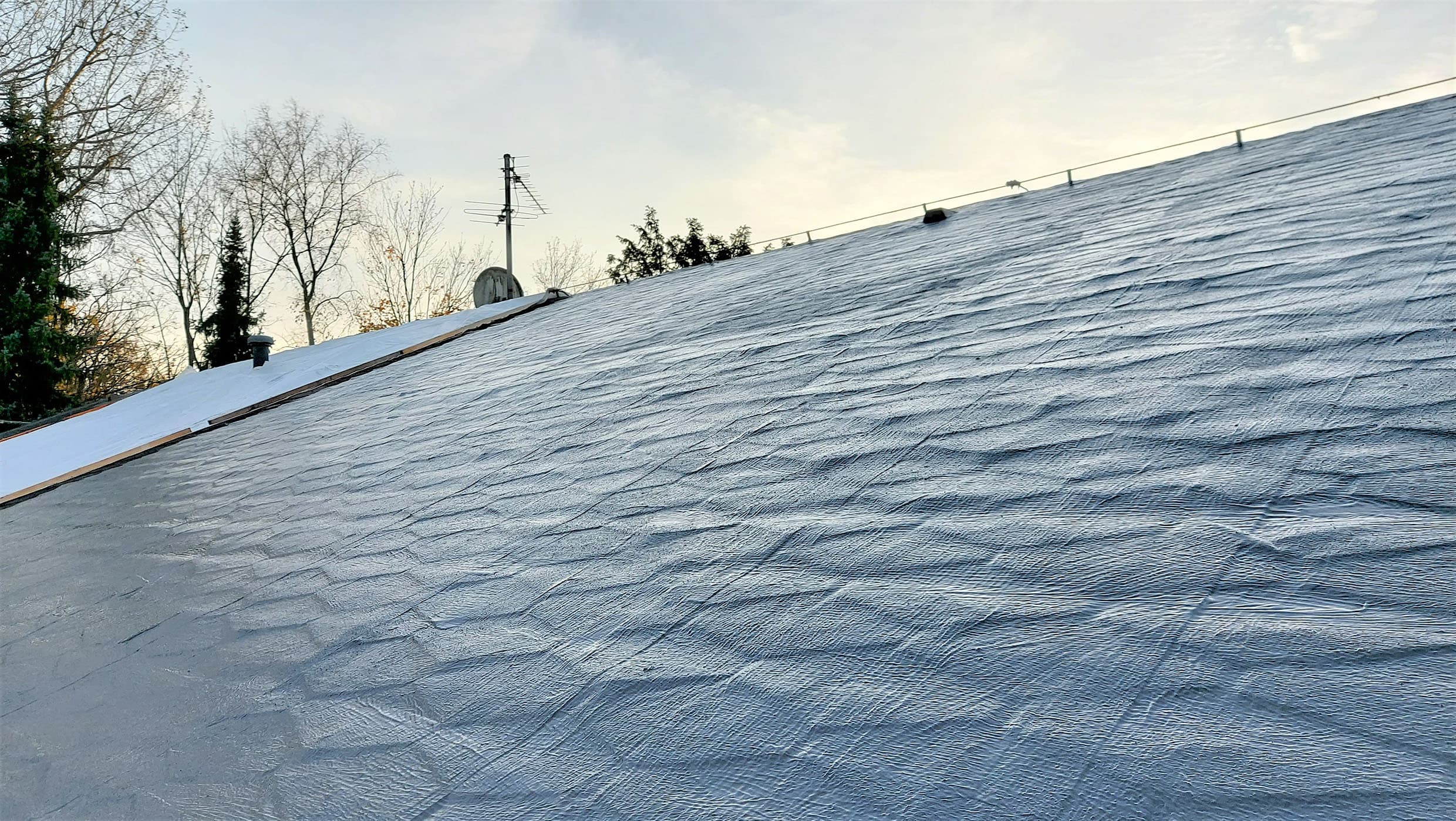 Roof Renovation in Berlin: Gable roof with seamless Triflex ProTect waterproofing for safe and durable roof surfaces.
