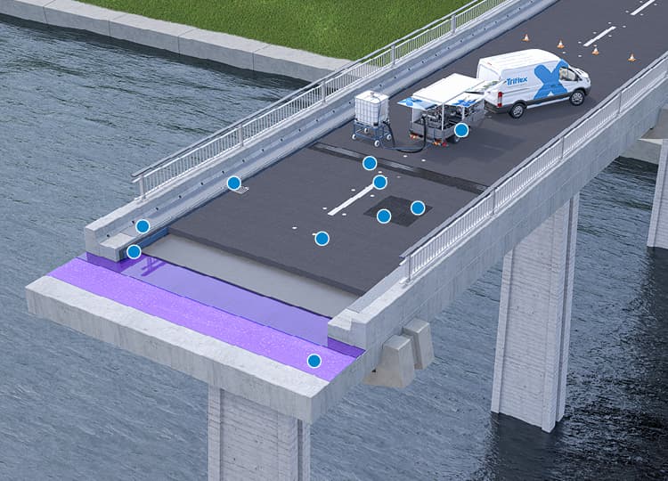Brückenfahrbahn mit Abdichtungssystem und Markierung als Darstellung einer Instandsetzung von Verkehrsflächen auf Brücken