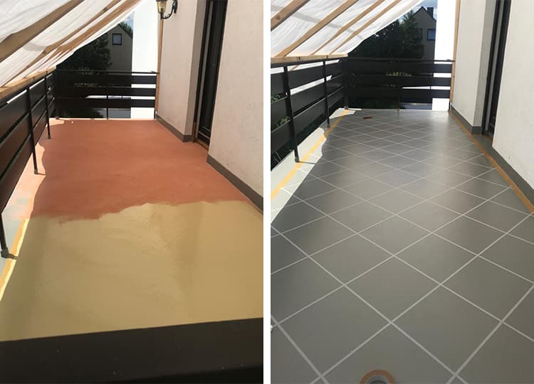 Vorher-Nachher-Vergleich eines Balkonbodens mit alter und neuer Beschichtung