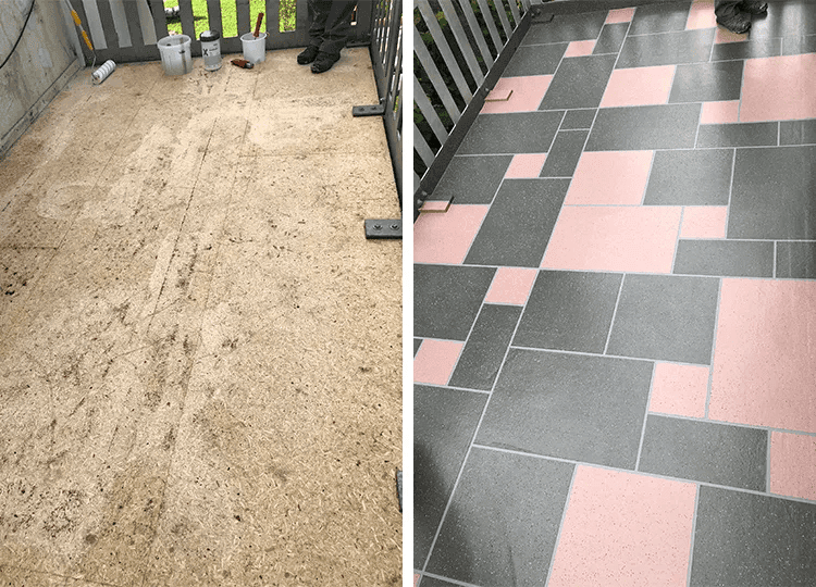 Vorher-Nachher-Vergleich eines Balkonbodens mit Holz-Untergrund und fertiger Beschichtung