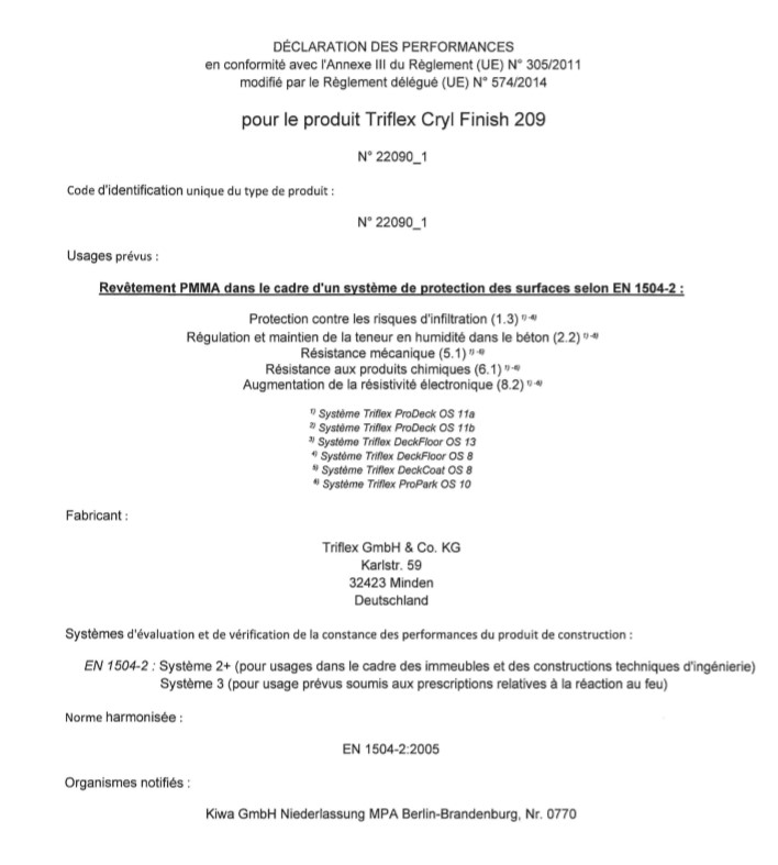 Triflex Cryl Finish 209 Déclaration des performances