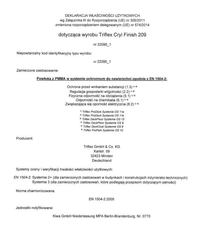 Triflex Cryl Finish 209 Deklaracja właściwości użytkowych