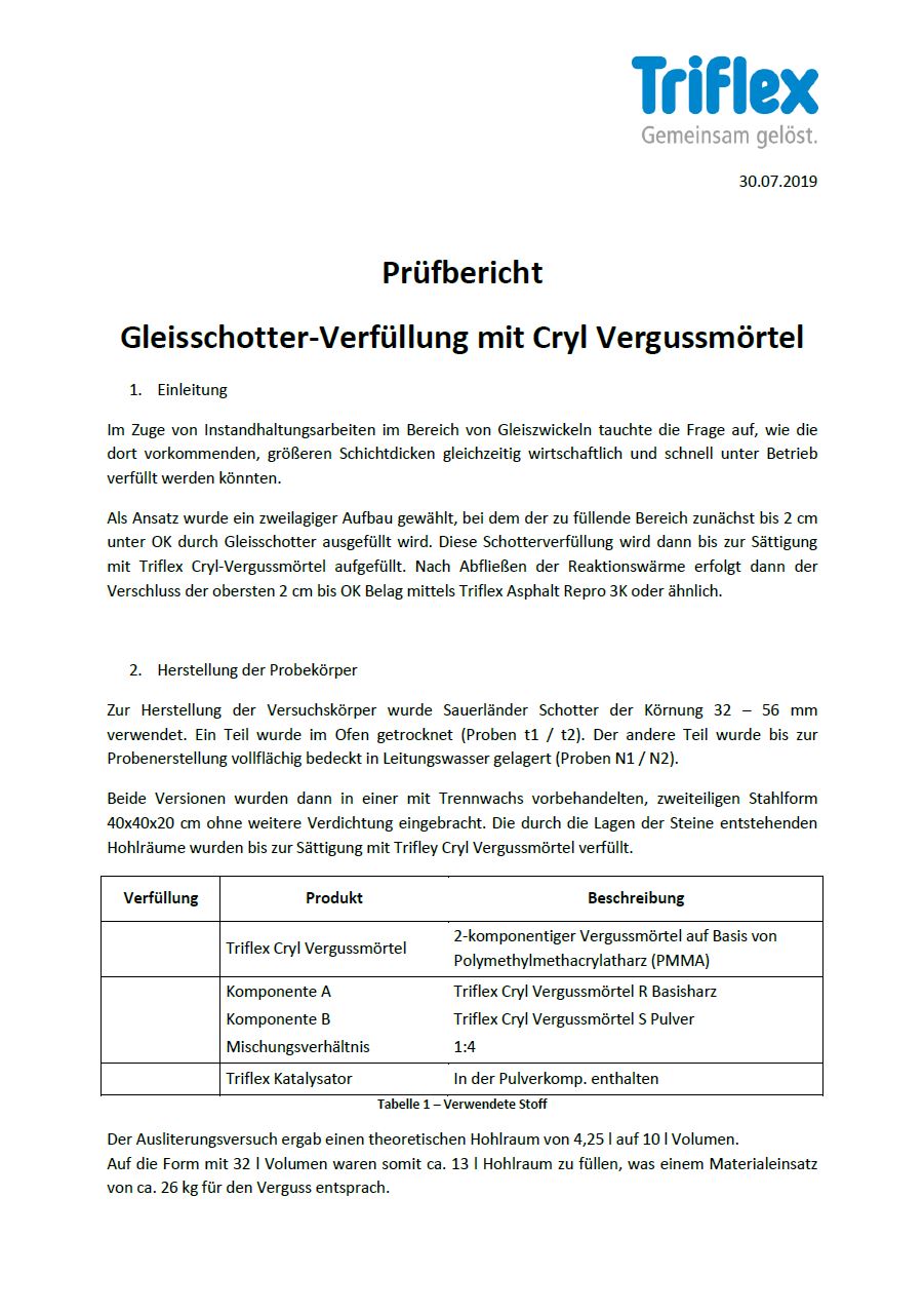 Prüfbericht Gleisschotter-Verfüllung mit Triflex Cryl Vergussmörtel