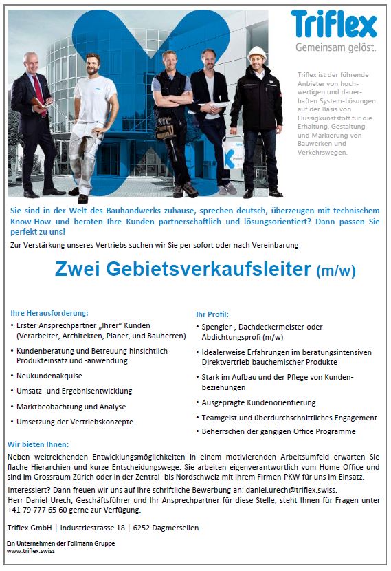 Stellenausschreibung Gebietsverkaufsleiter Triflex Schweiz 2023 01