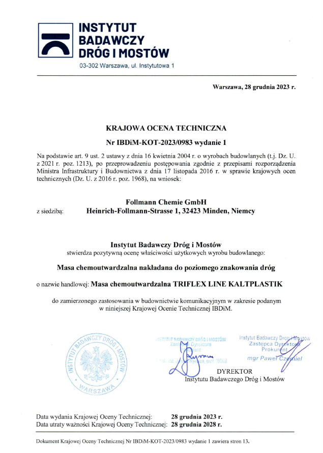 Krajowa Ocena Techniczna IBDiM Triflex Line Kaltplastik