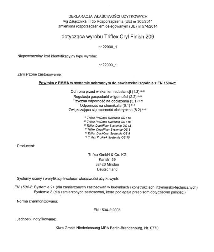 Triflex Cryl Finish 209 Deklaracja właściwości użytkowych