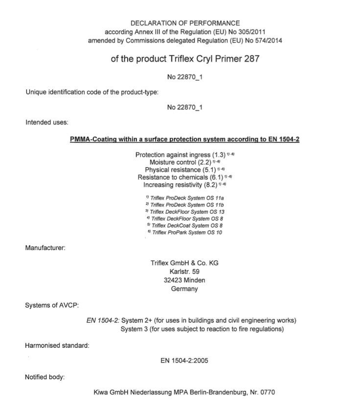 Triflex Cryl Primer 287 Declaration of performance