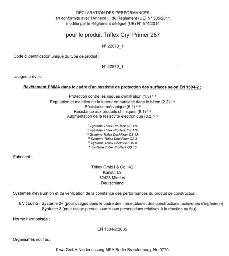 Triflex Cryl Primer 287 Déclaration des performances